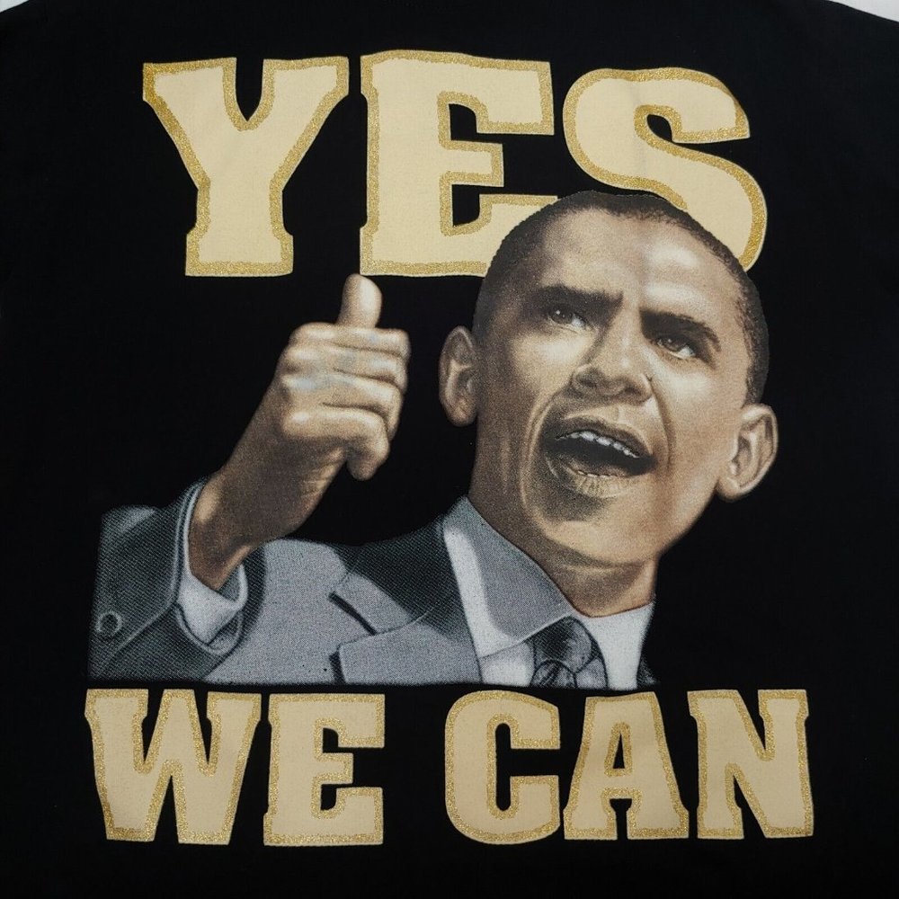 Barack Obama Yes We Can Mens XL T Shirt Black Graphic Gold Glitter USA President